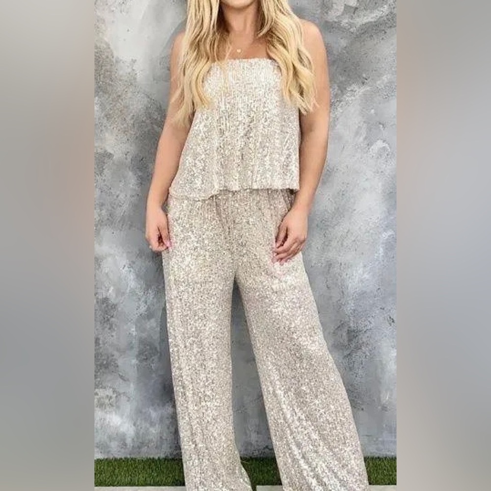 ALTAR'D STATE Adela Sequin Jumpsuit Champaign Size XS NWT
